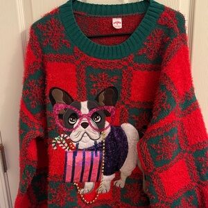 Holiday Time Teal and Red Knit Sweater